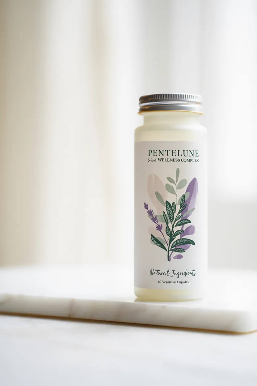 Pentelune 5-in-1 wellness complex supplement bottle with natural ingredients label